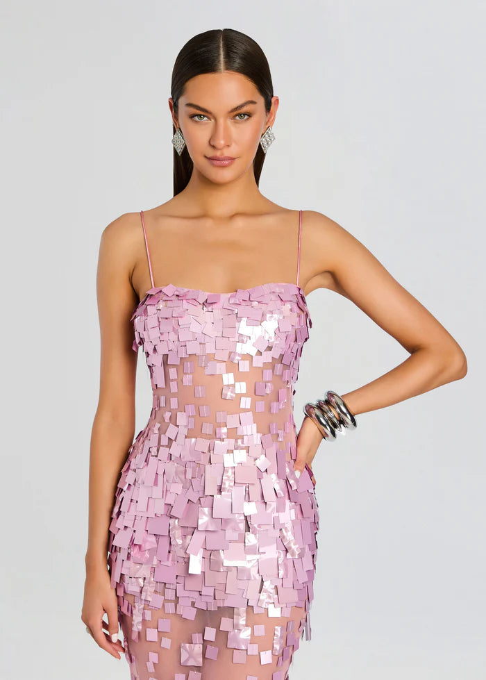 Glamorous Dusty Pink Square Sequin Spaghetti Strap Sheer Mesh Midi Evening Dress