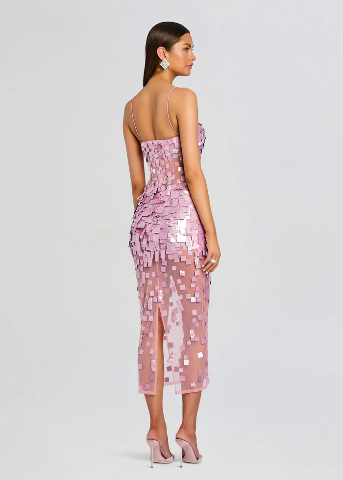 Glamorous Dusty Pink Square Sequin Spaghetti Strap Sheer Mesh Midi Evening Dress
