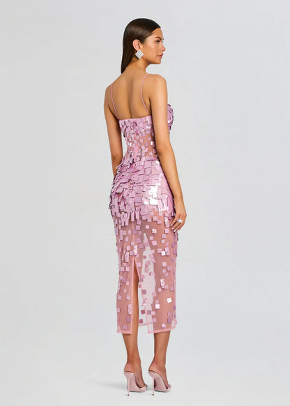 Glamorous Dusty Pink Square Sequin Spaghetti Strap Sheer Mesh Midi Evening Dress