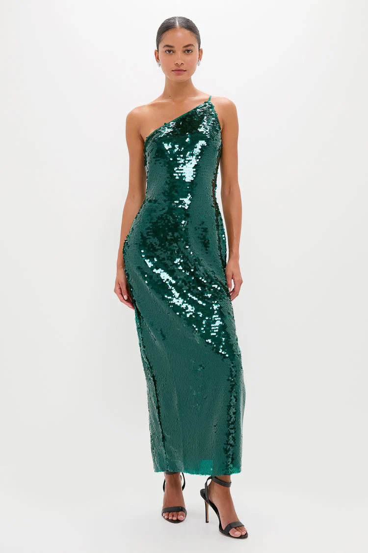 Glamorous Emerald Green Sequin One-Shoulder Maxi Dress with Side Slit, Evening Dresses