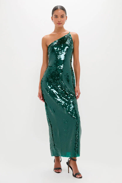 Glamorous Emerald Green Sequin One-Shoulder Maxi Dress with Side Slit, Evening Dresses