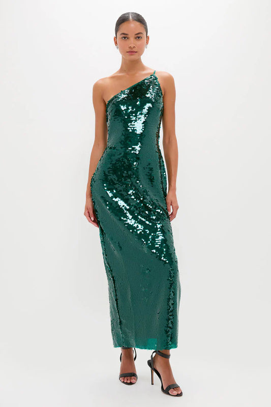 Glamorous Emerald Green Sequin One-Shoulder Maxi Dress with Side Slit, Evening Dresses