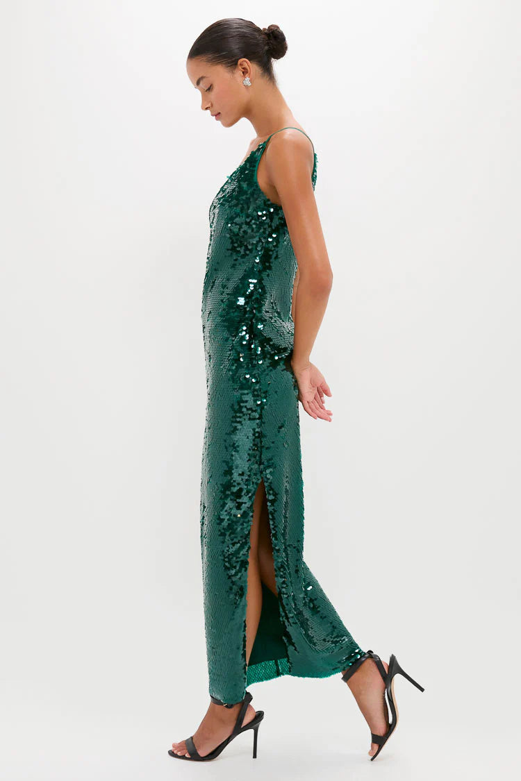 Glamorous Emerald Green Sequin One-Shoulder Maxi Dress with Side Slit, Evening Dresses
