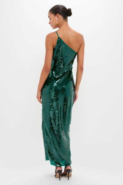 Glamorous Emerald Green Sequin One-Shoulder Maxi Dress with Side Slit, Evening Dresses