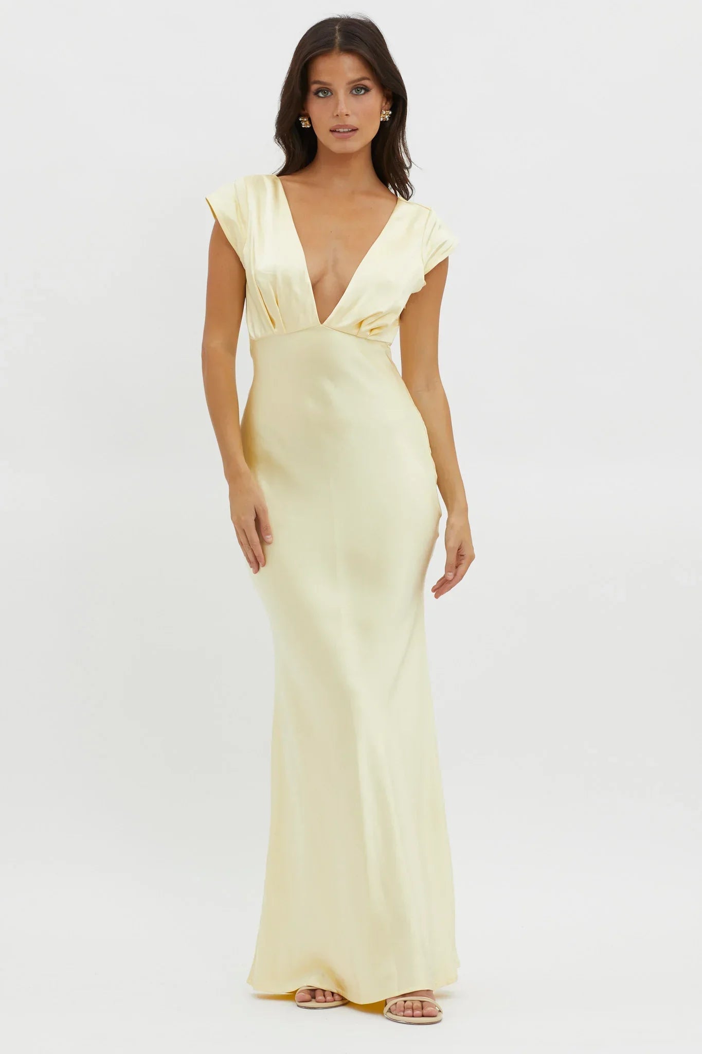 Glamorous Fitted Deep V-Neck Cap Sleeve Satin Maxi Evening Dress