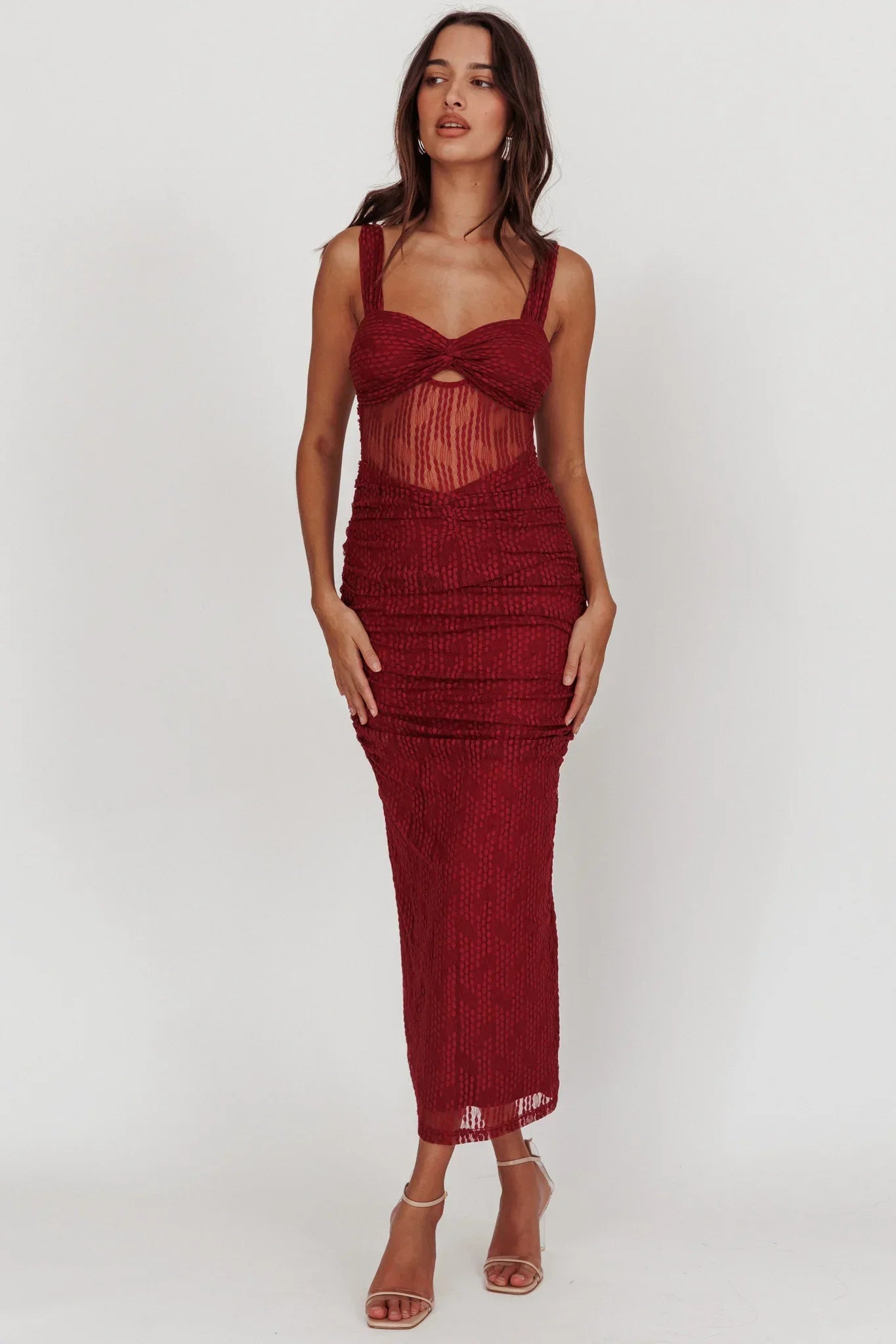 Glamorous Fitted Sweetheart Neck Wide Strap Sheer Mesh Ruched Maxi Evening Dress