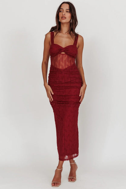 Glamorous Fitted Sweetheart Neck Wide Strap Sheer Mesh Ruched Maxi Evening Dress