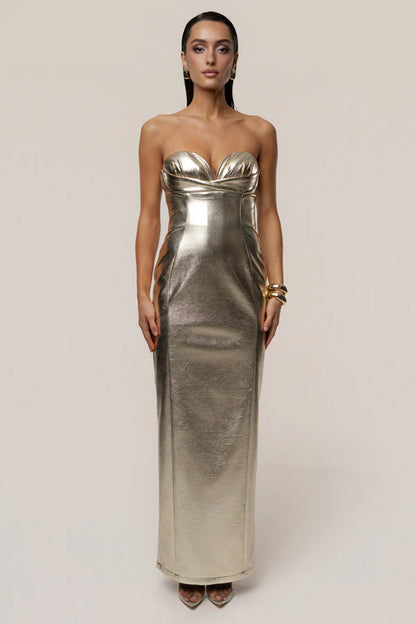 Glamorous Gold Metallic Strapless Sweetheart Maxi Dress with Cutout Detail, Evening Dresses