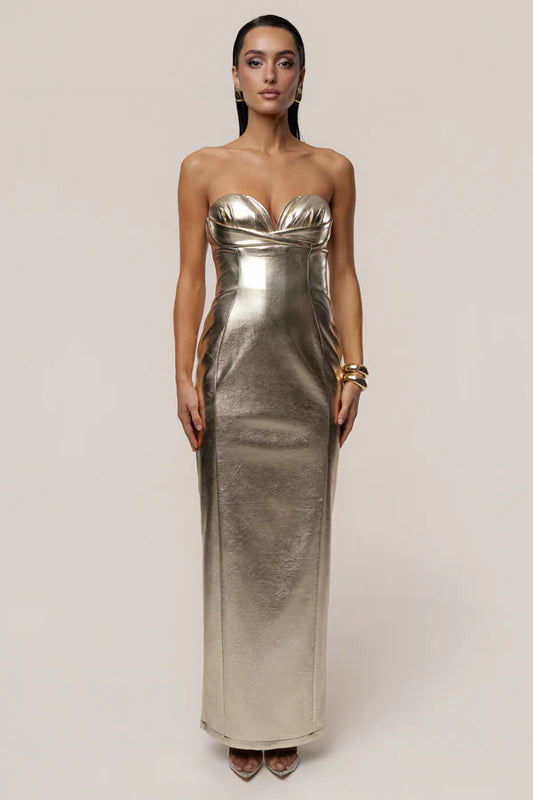 Glamorous Gold Metallic Strapless Sweetheart Maxi Dress with Cutout Detail, Evening Dresses