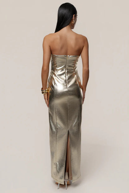 Glamorous Gold Metallic Strapless Sweetheart Maxi Dress with Cutout Detail, Evening Dresses