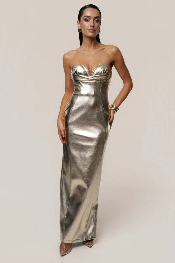 Glamorous Gold Metallic Strapless Sweetheart Maxi Dress with Cutout Detail, Evening Dresses