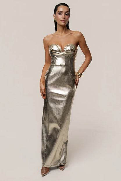Glamorous Gold Metallic Strapless Sweetheart Maxi Dress with Cutout Detail, Evening Dresses
