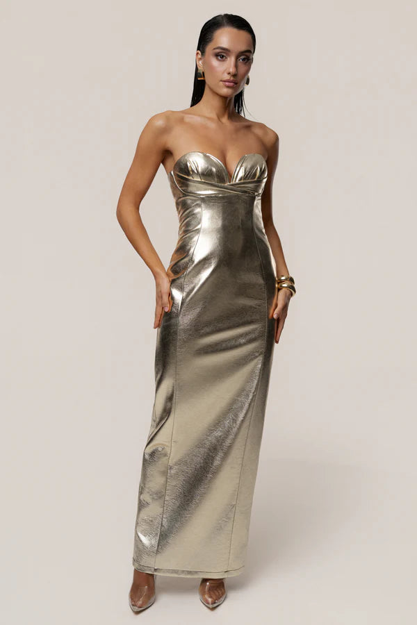 Glamorous Gold Metallic Strapless Sweetheart Maxi Dress with Cutout Detail, Evening Dresses