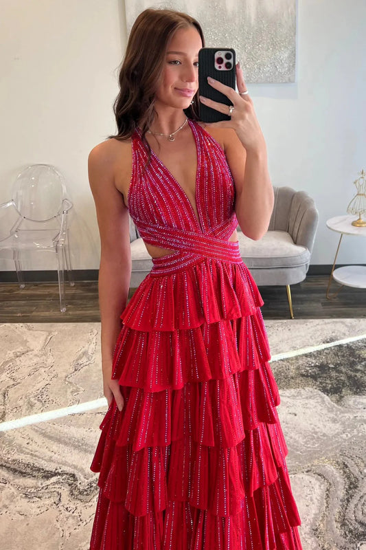 Glamorous Halter Neck Beaded Tiered Ruffled Maxi Prom Dress with Cutout and Open Back