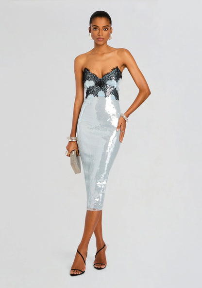 Glamorous Ice Blue Sequin Strapless Sweetheart Neck Black Lace Detail Bodycon Midi Evening Dress