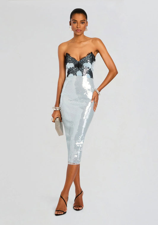 Glamorous Ice Blue Sequin Strapless Sweetheart Neck Black Lace Detail Bodycon Midi Evening Dress