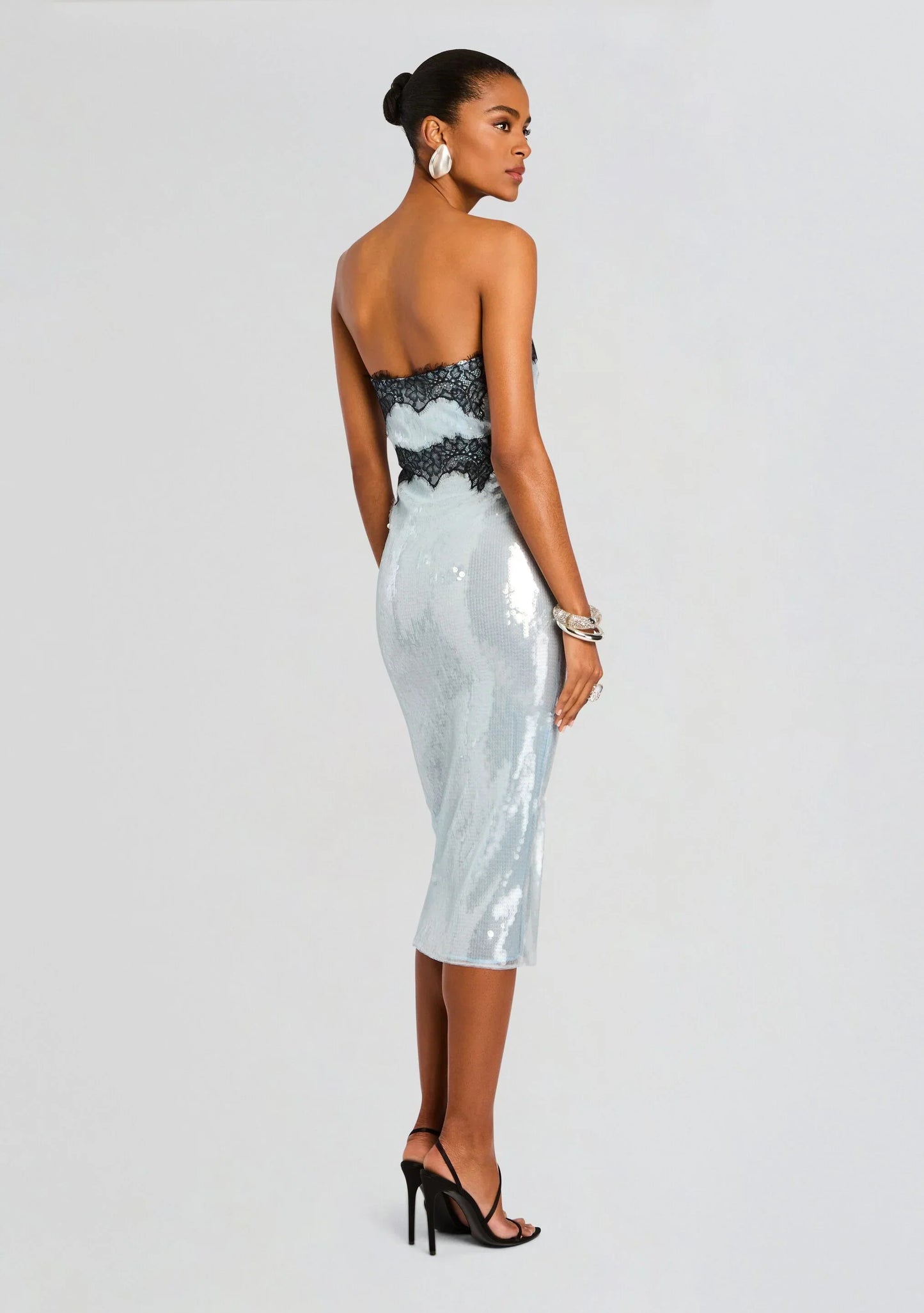 Glamorous Ice Blue Sequin Strapless Sweetheart Neck Black Lace Detail Bodycon Midi Evening Dress