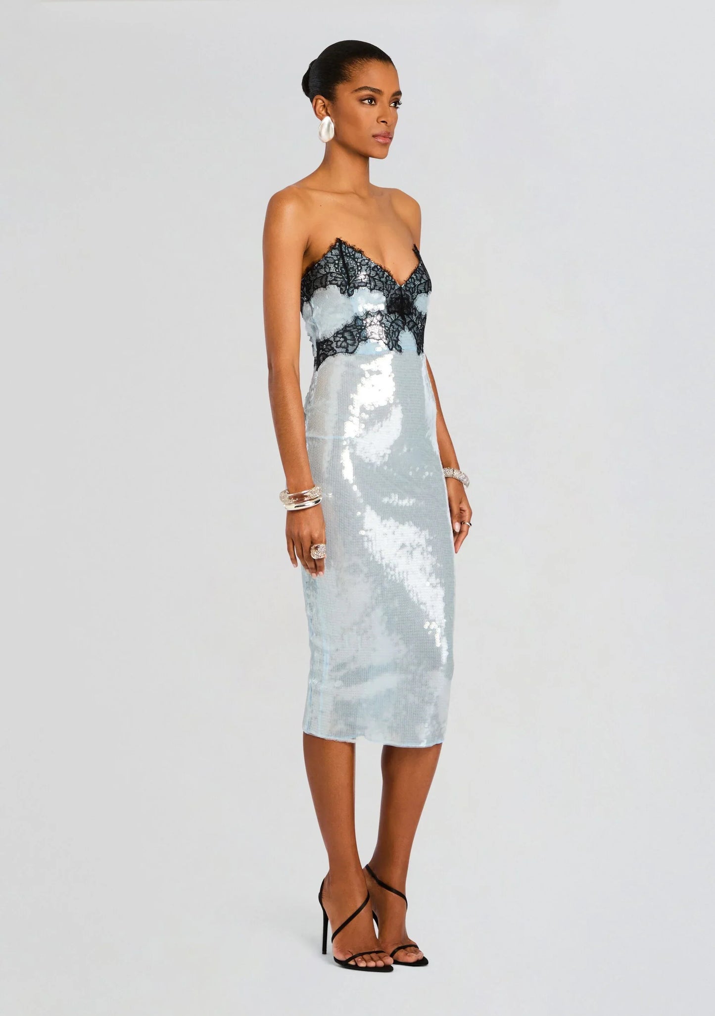 Glamorous Ice Blue Sequin Strapless Sweetheart Neck Black Lace Detail Bodycon Midi Evening Dress