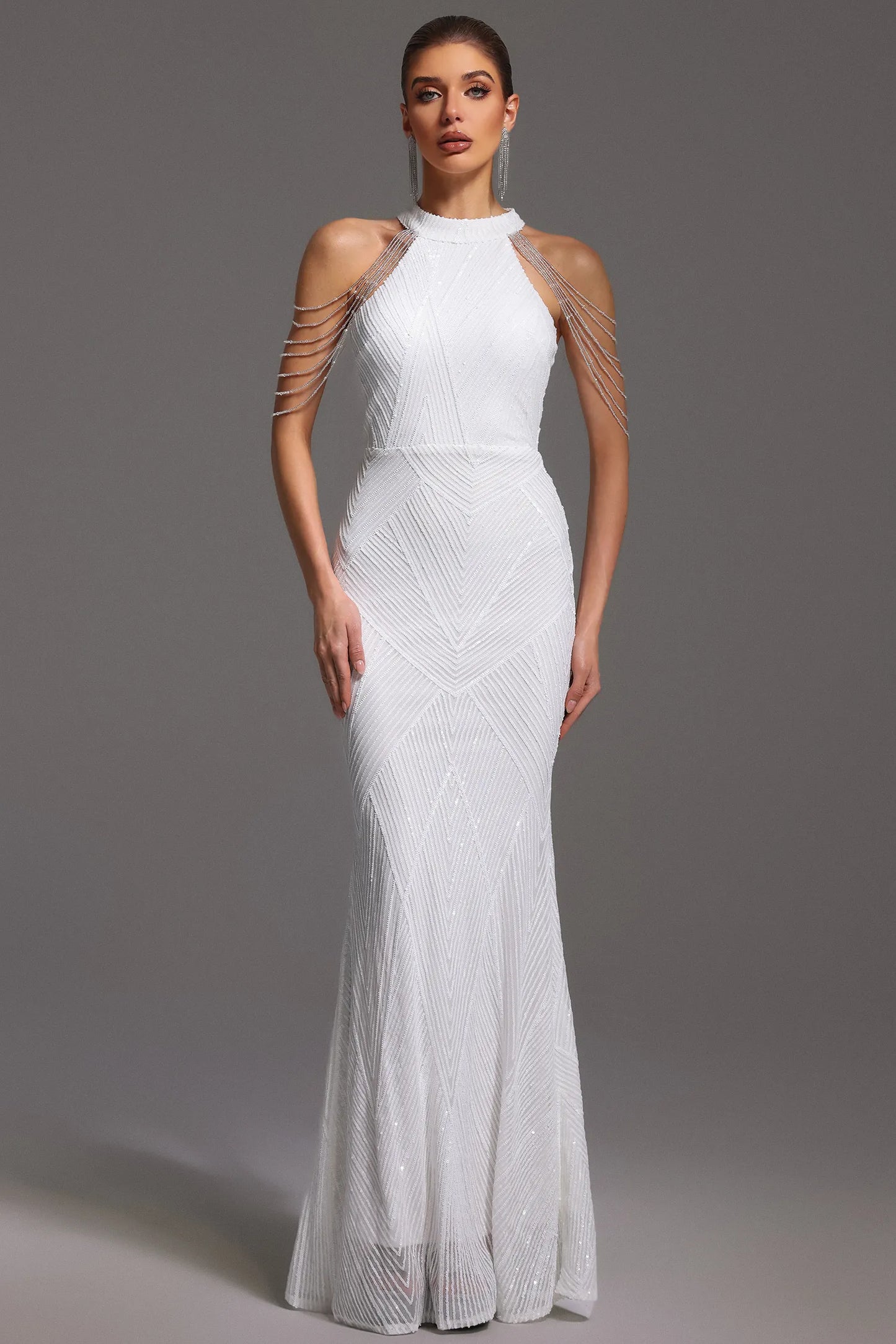 Glamorous Ivory Halter with Crystal Chain Detail, Chevron Sequin Bodice and Mermaid Evening Dress