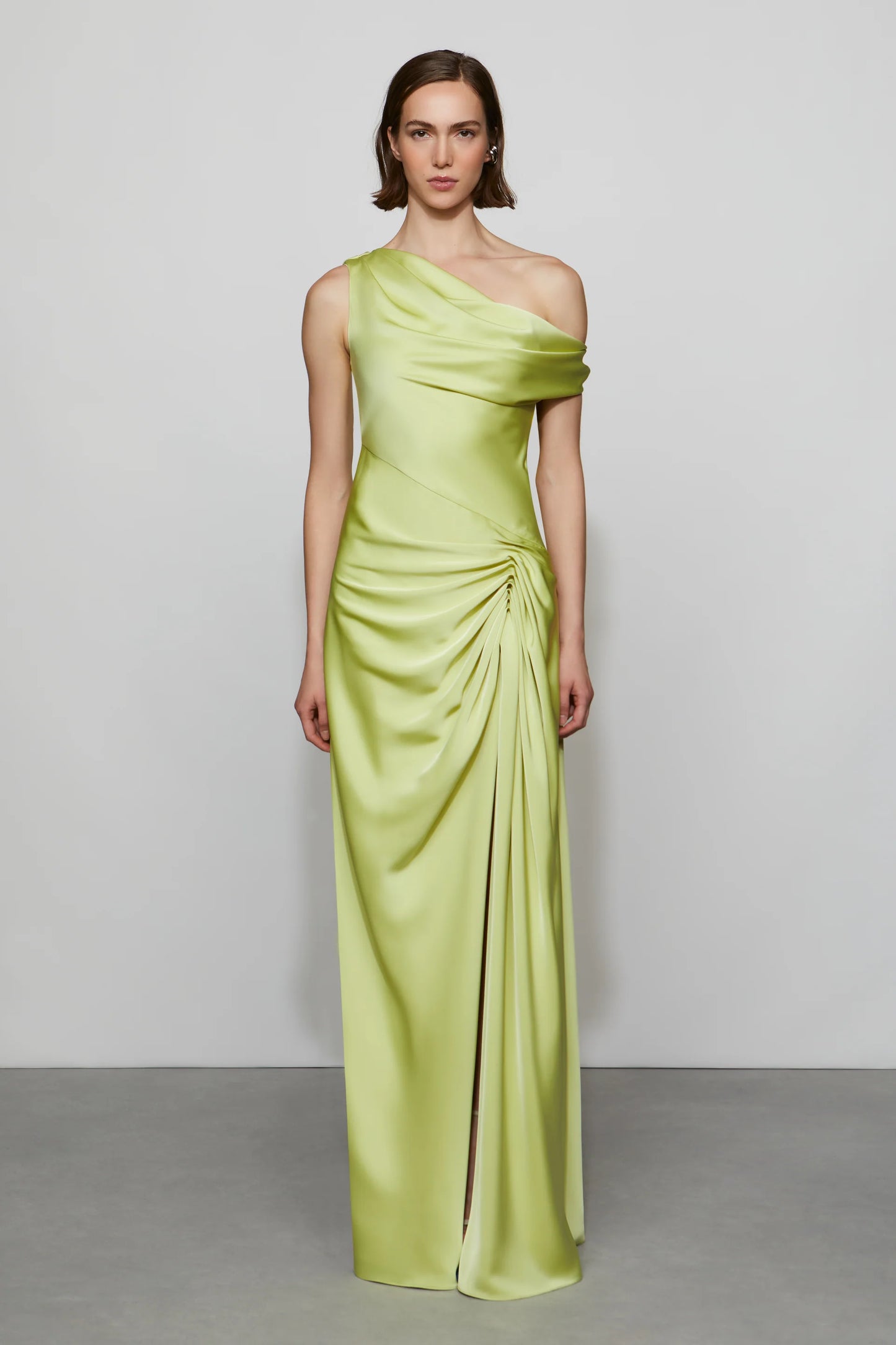Glamorous Lime Green Satin Asymmetrical One-Shoulder Draped Ruched Detail Floor-Length Evening Dress