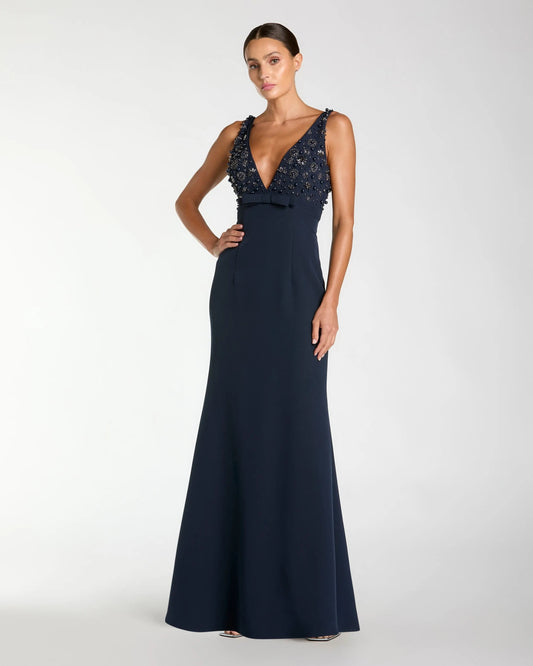 Glamorous Mermaid V-Neck Sleeveless Crystal-Embellished Bow-Waist Prom Dress
