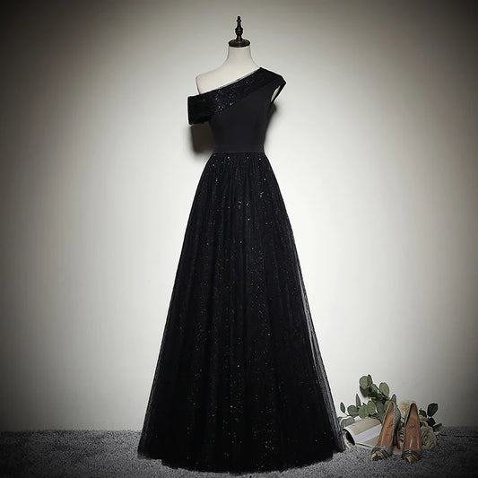 Glamorous One-Shoulder Sequin Trim Fitted Bodice Glitter Tulle A-Line Floor-Length Evening Dress