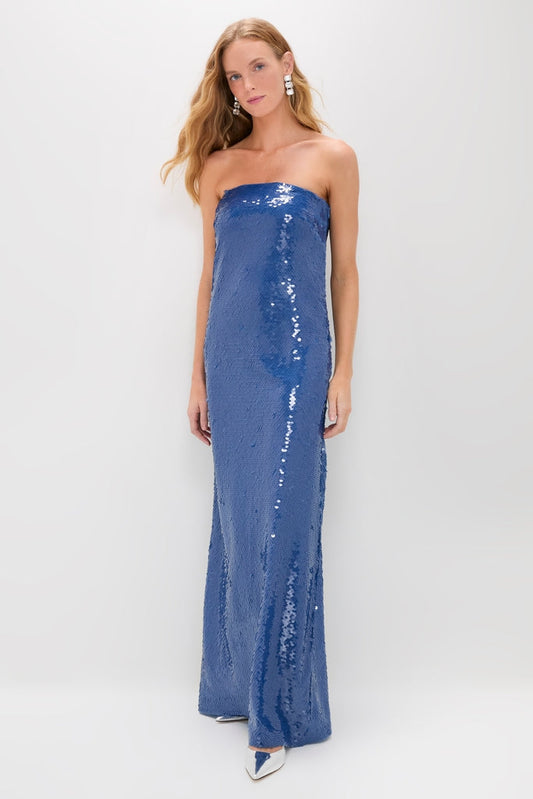 Glamorous Sapphire Blue Sequin Strapless Maxi Gown, Evening Dresses