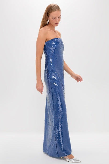 Glamorous Sapphire Blue Sequin Strapless Maxi Gown, Evening Dresses