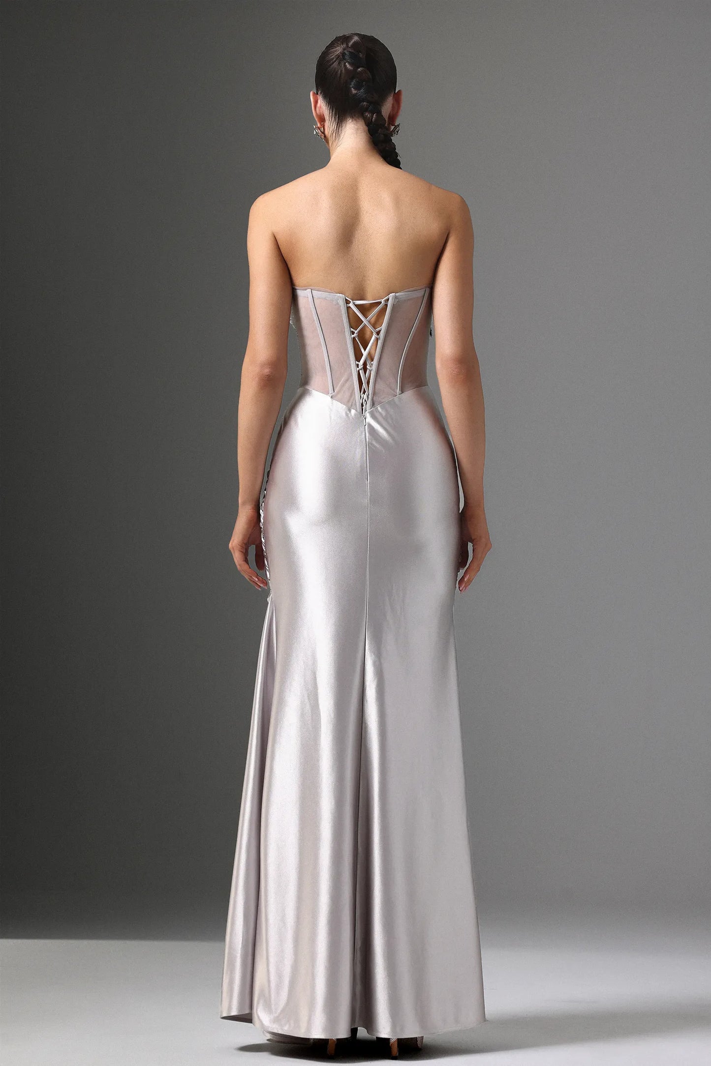 Glamorous Silver Satin Strapless Gown with Crystal Embellished Bodice: Evening Dresses