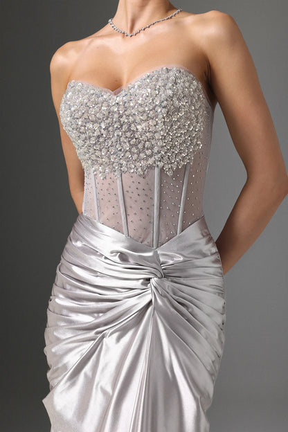 Glamorous Silver Satin Strapless Gown with Crystal Embellished Bodice: Evening Dresses