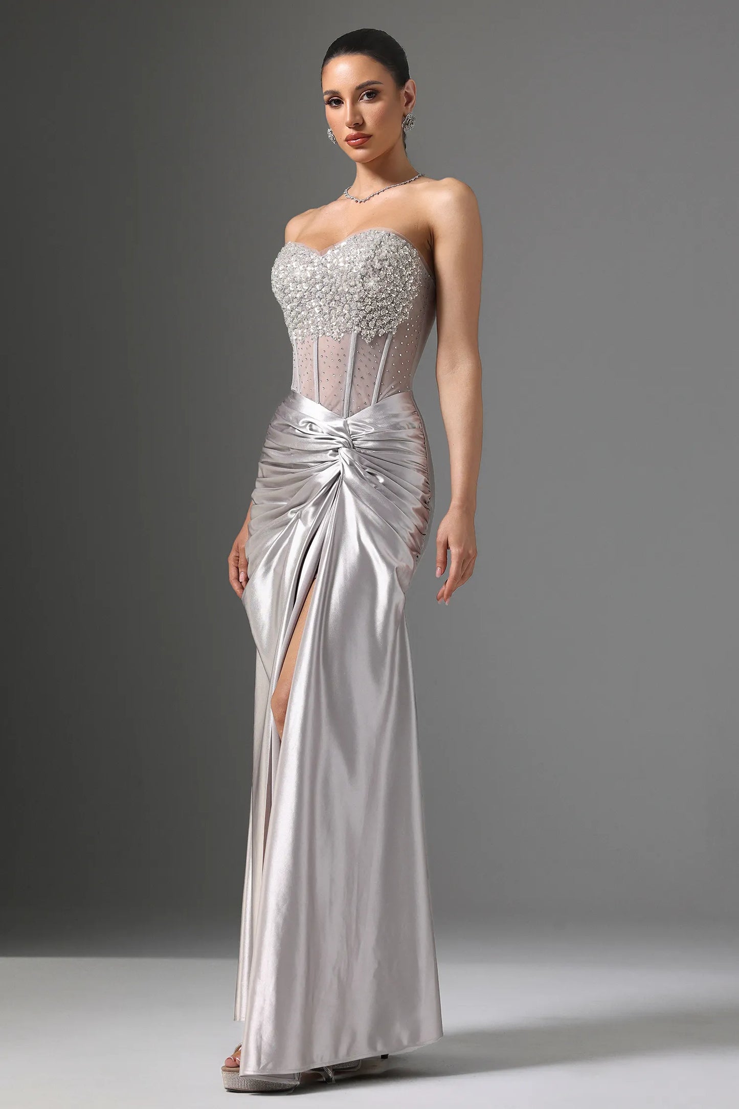 Glamorous Silver Satin Strapless Gown with Crystal Embellished Bodice: Evening Dresses