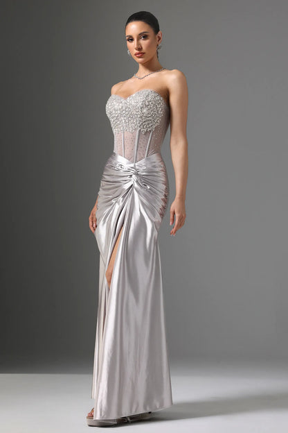 Glamorous Silver Satin Strapless Gown with Crystal Embellished Bodice: Evening Dresses