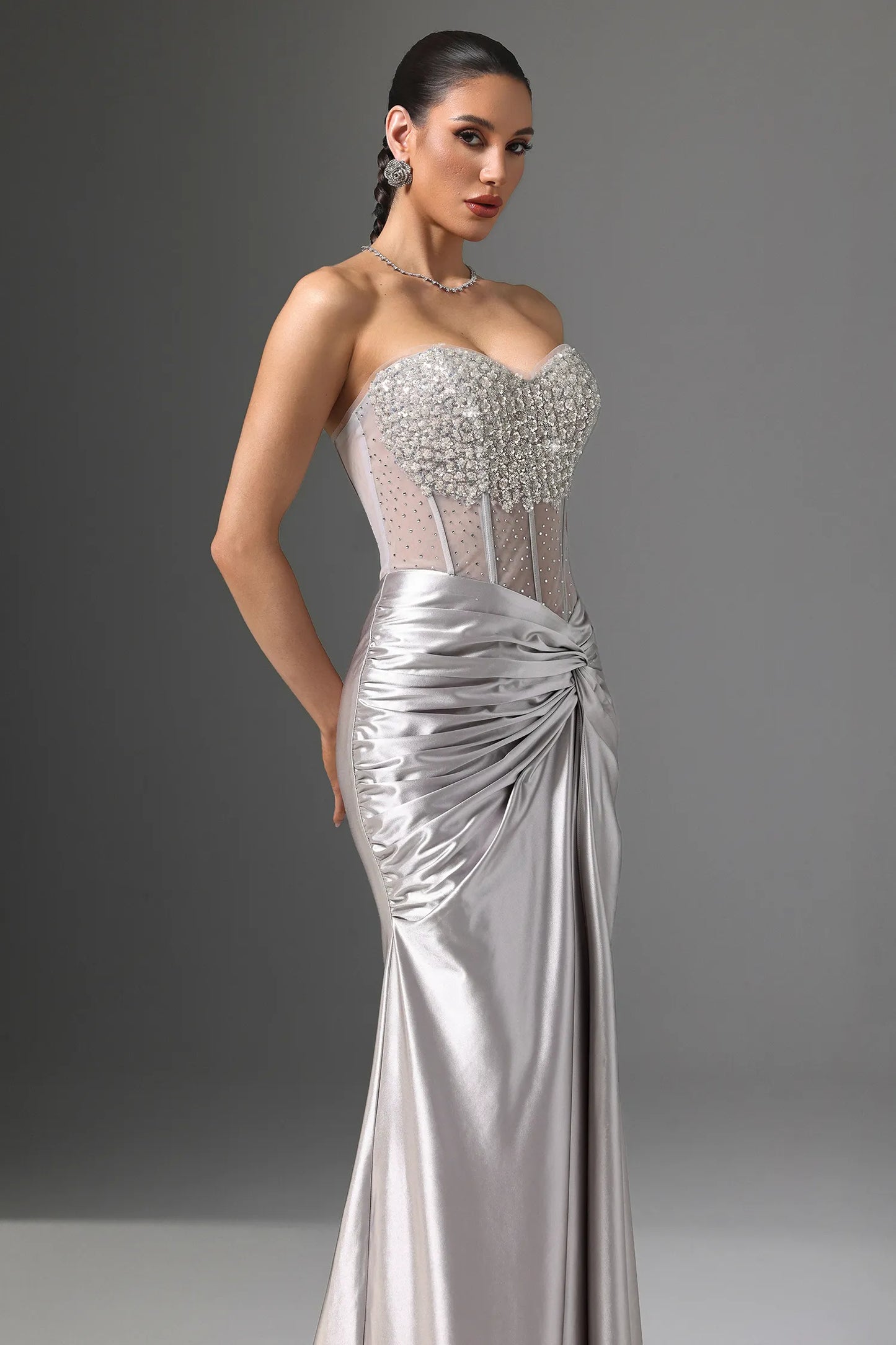 Glamorous Silver Satin Strapless Gown with Crystal Embellished Bodice: Evening Dresses