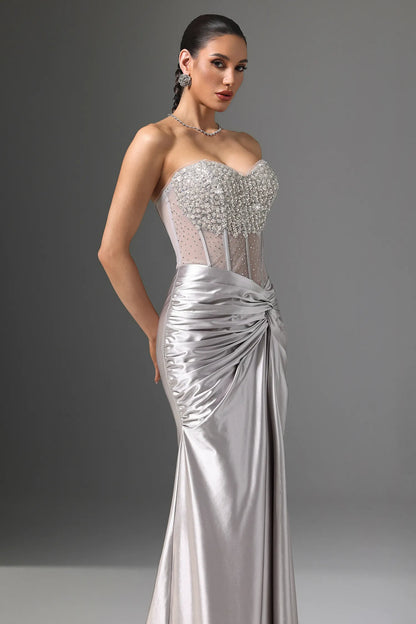 Glamorous Silver Satin Strapless Gown with Crystal Embellished Bodice: Evening Dresses