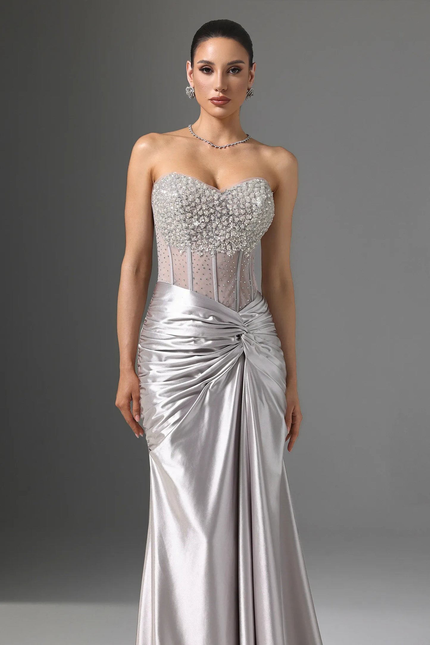 Glamorous Silver Satin Strapless Gown with Crystal Embellished Bodice: Evening Dresses