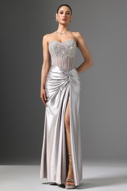 Glamorous Silver Satin Strapless Gown with Crystal Embellished Bodice: Evening Dresses
