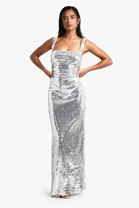Glamorous Silver Sequin Square Neck Maxi Dress, Evening Dresses