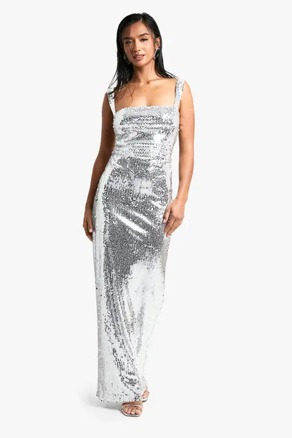 Glamorous Silver Sequin Square Neck Maxi Dress, Evening Dresses