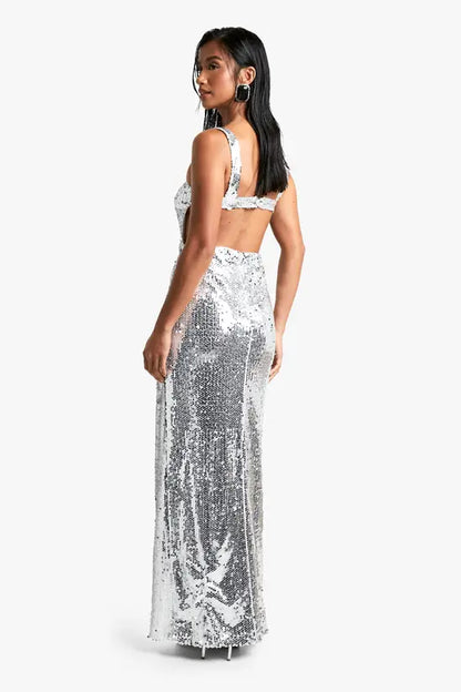 Glamorous Silver Sequin Square Neck Maxi Dress, Evening Dresses