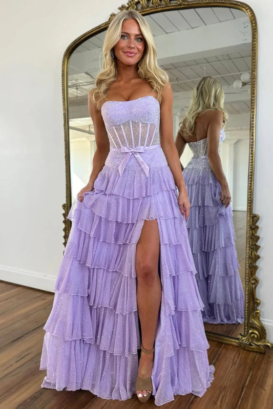 Glamorous Strapless Corset Bodice Beaded Ruffled Tulle Prom Dress with High Slit and Bow Waist
