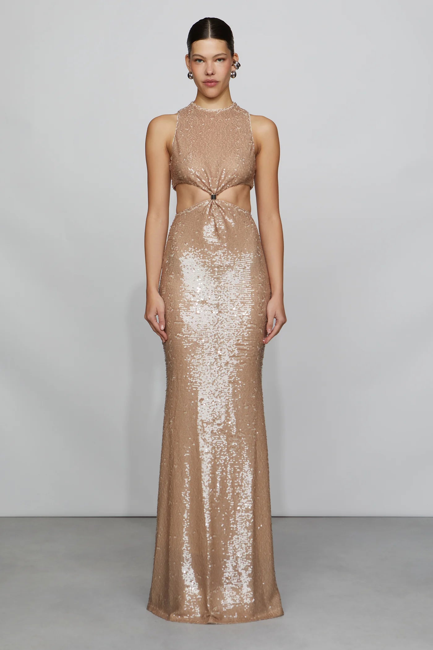 Glamorous Champagne Sequin High Neck Cut-Out Detail Twist Front Mermaid Floor-Length Evening Dress