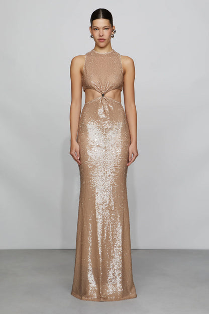 Glamorous Champagne Sequin High Neck Cut-Out Detail Twist Front Mermaid Floor-Length Evening Dress