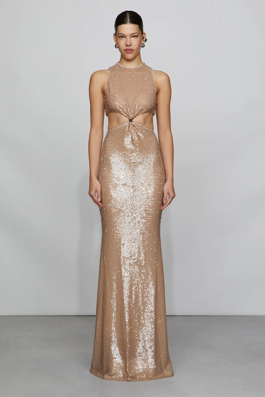 Glamorous Champagne Sequin High Neck Cut-Out Detail Twist Front Mermaid Floor-Length Evening Dress