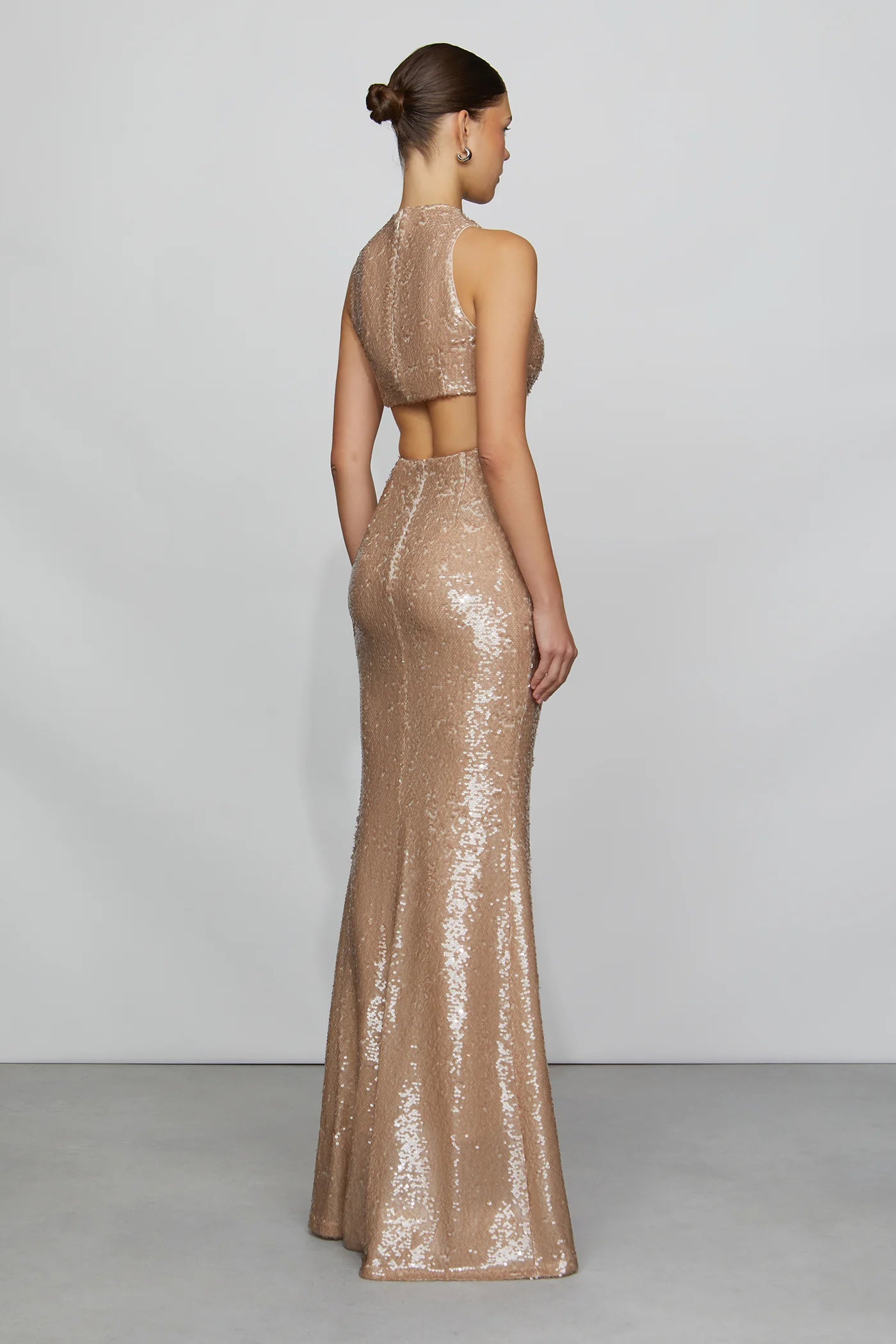 Glamorous Champagne Sequin High Neck Cut-Out Detail Twist Front Mermaid Floor-Length Evening Dress