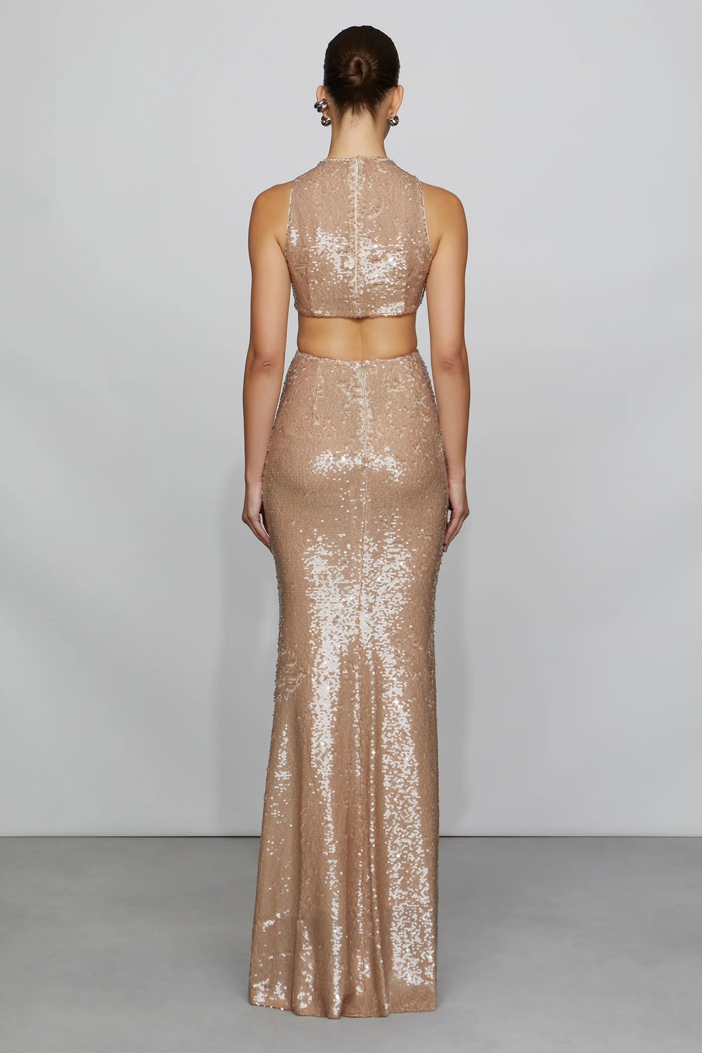 Glamorous Champagne Sequin High Neck Cut-Out Detail Twist Front Mermaid Floor-Length Evening Dress