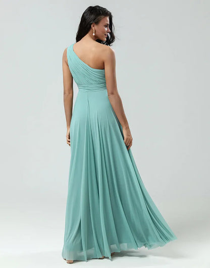 A Line Chiffon One Shoulder Sea Glass Pleats Long Bridesmaid Dress