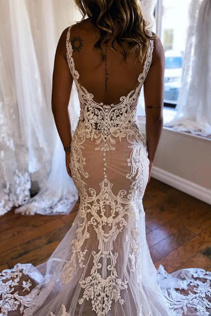 Gorgeous Mermaid Champagne Wedding Dress With Appliques