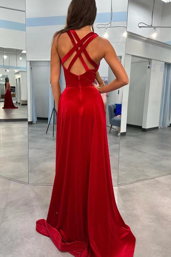 Dark Red Velvet Prom Gown V Neck Straps Prom Dress With Split