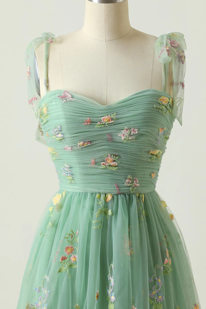 Floral Embroidery Tying Straps Pleated Long Party Dress