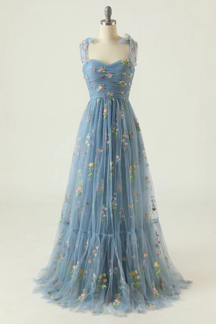 Floral Embroidery Tying Straps Pleated Long Party Dress